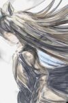 1girl ahoge animal_ears black_coat black_hair black_shirt black_skirt closed_mouth coat earrings floating_hair grey_hair hair_between_eyes highres horse_ears horse_girl jewelry long_bangs long_hair long_hair_between_eyes long_sleeves manhattan_cafe_(umamusume) multicolored_hair shirt simple_background skirt solo umamusume user_egrr2355 very_long_hair white_background yellow_eyes 