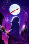  1boy 2girls absurdres aerial_fireworks bari_(project_moon) blood blood_splatter blue_hair blue_jacket building don_quixote_(project_moon) fireworks from_behind full_moon highres holding holding_sword holding_weapon jacket katana la_manchaland&#039;s_don_quixote_(project_moon) limbus_company long_hair long_sleeves moon multiple_girls night night_sky outdoors project_moon ranya_(artiraia) silhouette sky sword weapon 