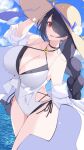  absurdres bikini black_bikini blue_archive braid braided_ponytail breasts casual_one-piece_swimsuit criss-cross_halter cross cross_earrings double_bikini earrings flower hair_over_one_eye halo halterneck hat hat_flower highres hinata_(blue_archive) hinata_(swimsuit)_(blue_archive) jam_(jamjam777) jewelry layered_swimsuit mk_iii_jam official_alternate_costume one-piece_swimsuit one_eye_covered straw_hat sun_hat swimsuit white_one-piece_swimsuit yellow_halo yellow_hat 