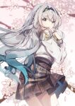  1girl absurdres black_hairband blush bow breasts checkered_bow checkered_clothes closed_mouth falling_petals firefly_(honkai:_star_rail) firefly_(spring_missive)_(honkai:_star_rail) gradient_hair green_bow grey_hair grey_shirt hair_between_eyes hair_intakes hair_ornament hairband hand_on_own_chest highres honkai:_star_rail honkai_(series) long_hair long_sleeves looking_at_viewer looking_back medium_breasts multicolored_hair natsume618 official_alternate_costume petals pink_eyes school_uniform shirt smile solo thighhighs twitter_username white_shirt white_thighhighs 