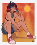  1girl ahoge artist_name bandana bandana_around_neck black_bandana black_bra black_panties border bra bright_pupils commentary commission dripping english_commentary eyelashes food food_in_mouth full_body glasses green_eyes grey-framed_eyewear highres holding holding_food holding_popsicle melting_popsicle multicolored_hair nail_polish original panties popsicle popsicle_in_mouth purple_hair red_hair red_nails red_shoes shiny_skin shoes short_hair shorts sitting socks solo sun tan the_jieb two-tone_hair underwear white_border white_pupils white_socks 
