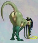 anthro anus ass_up backsack balls bent_over black_hair breasts butt genitals green_anus green_body green_scales gynomorph hair hi_res intersex joyce_(totesfleisch8) lizard looking_at_viewer looking_back looking_back_at_viewer nude perineum presenting presenting_anus presenting_hindquarters red_eyes reptile scales scalie solo totesfleisch8 under_boob