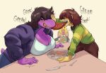 2025 4:3 anthro antlers artist_name beef big_breasts black_hair blonde_hair bodily_fluids bottomwear breasts buckteeth cleavage clothed clothing cutlery deer deltarune dialogue digital_drawing_(artwork) digital_media_(artwork) dinosaur eating english_text eyelashes female food fork freckled_breasts freckled_face freckles fully_clothed glass group growling hair hair_over_eyes hi_res horn human jacket kitchen_utensils knife kris_(deltarune) lightner long_hair male mammal meat noelle_holiday open_mouth pants plate prehistoric_species reptile saliva scalie sharp_teeth shirt speech_bubble steak susie_(deltarune) sweater sweater_vest teeth text thedarkzircon tools topwear trio undertale_(series) vest yellow_sclera