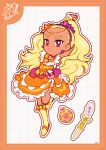  1girl amamiya_elena arm_behind_head arm_up bag_bow bead_choker beads blonde_hair border bow bow_legwear choker circlet cure_soleil dark-skinned_female dark_skin deformed dot_nose dotted_line dress earrings expressionless eyelashes forehead frilled_arm_warmers frilled_dress frills full_body glowstick grid_background hair_beads hair_ornament hairband high_ponytail highres jewelry leg_up long_hair magical_girl medium_dress orange_border orange_bow orange_dress orange_sandals outline over-kneehighs parted_lips penlight_(glowstick) pink_bag pink_bow pink_choker pink_eyes pink_hairband ponytail precure sandals short_sleeves signature socks solo sphere_earrings standing star_(symbol) star_hair_ornament star_twinkle_precure stretching thighhighs tsurime two-tone_bag uwded_207 very_long_hair waist_bag white_background white_bag white_outline white_sleeves yellow_arm_warmers yellow_socks 