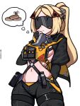  1girl arm_behind_back black_jacket black_mask black_sleeves blonde_hair breasts cowboy_shot fingerless_gloves food gloves hair_intakes hand_on_own_chin harness jacket ji_heeeeeee mask navel pancake ponytail sideboob smile solo thinking trigger_(zenless_zone_zero) white_background zenless_zone_zero 