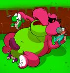 anus argon_vile ball_smother balls belly black_sclera blue_body blush cyan_yoshi embarrassed erection extreme_size_difference foursome genitals green_body green_yoshi group group_sex hi_res hiding_erection male male/male mario_&amp;_luigi:_partners_in_time mario_and_luigi_(series) mario_bros moobs navel nervous nintendo overweight penis pink_body purple_body purple_yoshi red_eyes sex size_difference smothering yoob yoshi