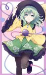  1girl black_hat black_pantyhose blush bow eyeball frilled_sleeves frills green_eyes green_hair green_skirt hat hat_bow hat_ribbon highres komeiji_koishi long_sleeves looking_at_viewer pantyhose ribbon shirt skirt smile solo tanaka_shoushou_fumimaro third_eye touhou wide_sleeves yellow_ribbon 