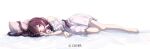  1girl azki_(7th_costume)_(hololive) azki_(hololive) barefoot bed_sheet black_hair collar colored_inner_hair commentary_request copyright_notice dress fffafa_daifuku frilled_dress frills full_body hair_ornament head_on_pillow hololive long_hair looking_at_viewer low_twintails lying multicolored_hair off-shoulder_dress off_shoulder official_alternate_costume official_alternate_hairstyle official_art on_side one_eye_closed pillow pink_collar pink_hair pioneer_(azki) purple_eyes short_dress streaked_hair twintails virtual_youtuber white_dress x_hair_ornament 
