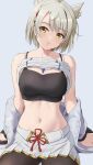  1girl absurdres amayo_thranana animal_ears bare_shoulders black_bra bob_cut bra breasts camisole cat_ears cat_girl chest_jewel commentary_request head_tilt highres jacket leggings medium_breasts mio_(xenoblade) navel pleated_skirt shoulder_strap skirt solo stomach tank_top underwear white_camisole white_hair white_jacket white_skirt white_tank_top xenoblade_chronicles_(series) xenoblade_chronicles_3 