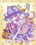  1girl boots cherry2317 dress dumpty_alma emil_chronicle_online fork hat holding holding_fork long_hair open_mouth purple_boots purple_dress purple_eyes purple_hair purple_hat puzzle_&amp;_dragons ribbon standing witch_hat 