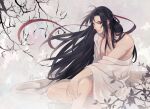  1boy ahoge alternate_costume arm_on_knee artist_name bare_legs bare_pectorals bathrobe bishounen black_hair branch chest_tattoo chinese_clothes closed_mouth collarbone english_commentary hair_down hair_ribbon half_updo hanfu knee_up leaf long_hair looking_at_viewer male_focus minataka94 modao_zushi off_shoulder official_alternate_hairstyle open_clothes open_robe partially_undressed pectorals red_eyes red_ribbon ribbon robe sidelocks signature single_bare_shoulder sitting smile solo tattoo tree very_long_hair wei_wuxian wei_wuxian_(yiling_laozu) white_robe 