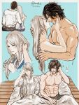  1boy 1girl abs beard bed black_hair braid chinstrap_beard clive_rosfield couple facial_hair final_fantasy final_fantasy_xvi grey_hair highres horoq3 hug jill_warrick muscular muscular_male pectorals scar scar_on_face single_braid topless_male upper_body waking_up 