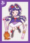  1girl ankle_bow ascot bare_shoulders black_gloves black_hat black_shoes black_socks blunt_bangs blunt_ends border bow bow_button bracelet bright_pupils broom cure_magical deformed dot_nose dotted_line dress earrings elbow_gloves eyelashes floating_clothes floating_hair frilled_dress frills full_body gloves gold_bracelet grey_background grid_background hair_bow hand_on_own_hip happy hat hat_ornament high_heels high_ponytail highres izayoi_liko jewelry kneehighs layered_dress leg_up long_hair looking_at_viewer magical_girl mahou_girls_precure! medium_dress mini_hat mini_witch_hat one_eye_closed open_mouth outline pink_bow pointing ponytail precure purple_border purple_dress purple_eyes purple_hair red_ascot red_bow shawl shoes short_ponytail signature sleeveless sleeveless_dress smile socks solo split_ponytail star_(symbol) star_earrings star_hat_ornament star_wand stiletto_heels teeth upper_teeth_only uwded_207 very_long_hair white_outline white_pupils white_shawl witch_hat 