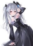  1girl bare_shoulders black_choker black_dress black_hat blush breasts choker closed_mouth detached_sleeves doll_joints dress frilled_dress frills gaohuang43450 hair_between_eyes hat highres joints long_hair orchis red_eyes shadowverse shadowverse:_worlds_beyond small_breasts solo strapless strapless_dress top_hat twintails v white_hair 
