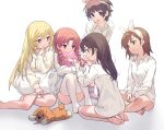  5girls alternate_hairstyle bare_legs barefoot black_hair blonde_hair blue_eyes bow_hairband braid braiding_hair brown_hair collared_shirt commentary_request hairband hairdressing heart heart-shaped_pillow highres holding holding_pillow hugging_object labixiaohua long_hair long_sleeves looking_at_another misaka_mikoto multiple_girls pillow pillow_hug saten_ruiko shirai_kuroko shirt shokuhou_misaki short_hair smile socks sparkling_eyes striped_clothes striped_socks stuffed_animal stuffed_dog stuffed_toy toaru_kagaku_no_railgun toaru_majutsu_no_index twin_braids uiharu_kazari white_background white_hairband white_shirt yellow_eyes 
