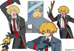  1boy black_gloves black_suit blonde_hair chibi closed_mouth clown clown_nose collared_shirt cowboy_shot crying gloves gun handgun highres holding holding_gun holding_weapon id_card juggling kekeken limbus_company looking_at_mirror male_focus mirror necktie open_mouth project_moon red_necktie shirt short_hair sinclair_(project_moon) solo stick streaming_tears suit suspenders sweat tears weapon white_shirt 