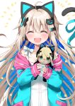  1girl :d ^_^ absurdres ahoge animal_ear_headphones animal_ears bare_shoulders blonde_hair blue_hair blue_jacket blue_nails blue_ribbon blush bow cat_hair_ornament cat_tail character_doll closed_eyes collarbone commentary_request doll dress facing_viewer fake_animal_ears hair_ornament hairclip headphones highres holding holding_doll hood hood_down hooded_jacket indie_virtual_youtuber jacket long_sleeves multicolored_hair nail_polish off_shoulder open_clothes open_jacket puffy_long_sleeves puffy_sleeves ribbon simple_background sleeveless sleeveless_dress sleeves_past_wrists smile solo star_(symbol) tail two-tone_hair uchuuneko uchuuneko_(vtuber) upper_body virtual_youtuber white_background white_bow white_dress x_hair_ornament 