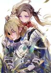  1boy 1girl aged_down armor blonde_hair blue_cape blue_eyes cape commentary dimitri_alexandre_blaiddyd dimitri_alexandre_blaiddyd_(king_of_faerghus) dimitri_alexandre_blaiddyd_(timeskip) dress edelgard_von_hresvelg edelgard_von_hresvelg_(young) eyepatch fire_emblem fire_emblem:_three_houses fire_emblem_heroes fur_cape grass highres leaf long_hair official_alternate_costume pauldrons purple_eyes red_dress short_hair shoulder_armor smile soma_otakuu sweatdrop time_paradox twintails 