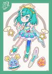  1girl ankle_cuffs antennae aqua_boots aqua_eyes aqua_hair aqua_pantyhose aqua_shirt aqua_skirt bag_bow blue_pantyhose blue_sleeves boots border bow bubble_skirt closed_mouth cure_milky deformed determined dot_nose dotted_line eyelashes frilled_bracelet frilled_skirt frills frown full_body glowstick gradient_pantyhose green_border grid_background hagoromo_lala hair_between_eyes hair_ornament hairband hairclip hand_on_own_chest hand_up high_heel_boots high_heels highres long_hair looking_at_viewer magical_girl miniskirt outline pantyhose penlight_(glowstick) pink_bag precure prunce_(precure) puffy_short_sleeves puffy_sleeves red_bow shirt shooting_star_hair_ornament short_sleeves sidelocks signature single_bare_leg single_leg_pantyhose skirt standing star_(symbol) star_hair_ornament star_twinkle_precure tsurime two-tone_bag two-tone_pantyhose two-tone_shirt ufo uwded_207 waist_bag white_background white_bag white_outline yellow_hairband yellow_shirt 
