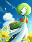  basket blue_sky bob_cut bowl_cut closed_eyes cloud dress flower flower_basket gardevoir green_hair highres horns kirlia outdoors petals pokemon pokemon_(creature) ralts red_eyes redamber334 sidelocks sky white_dress yellow_flower yellow_petals 