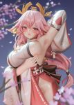 1girl 3d animal_ears arm_behind_head armpits bare_shoulders blender_(medium) blurry blurry_foreground blush breast_lift breasts cherry_blossoms chestnut_mouth cowboy_shot depth_of_field detached_sleeves earrings ears_down english_commentary fox_ears fox_girl genshin_impact hair_ornament highres jewelry large_breasts long_hair looking_down nontraditional_miko obi pink_eyes pink_hair pink_nails pink_skirt presenting_armpit sash shiny_skin shirt side_slit sideboob skirt sleeveless sleeveless_shirt solo sweat teeth ucupumar upper_teeth_only veins veiny_breasts very_long_hair white_shirt white_sleeves wide_sleeves yae_miko 