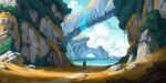  1boy blue_sky bush chinnkun cliff cloud dirt_road dragon facing_away fantasy from_behind landscape ocean original painterly plant road rock shore sky vines water 