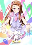  &gt;_&lt; blush brown_eyes bunny closed_eyes idolmaster idolmaster_(classic) idolmaster_shiny_festa long_hair looking_at_viewer minase_iori miri_(ago550421) musical_note no_legs outstretched_arm pink_eyes skirt smile solo wrist_cuffs 