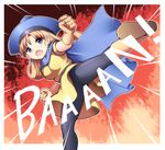 :o alena_(dq4) angry black_legwear blue_eyes boots brown_hair cape clenched_hands curly_hair dragon_quest dragon_quest_iv emphasis_lines gloves hat kamekichi_(kamekiti) kicking long_hair open_mouth orange_background pantyhose skirt solo upskirt yellow_skirt 