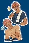  1boy abs black_pants blue_background cropped_torso glasses headband kalk0011 koby_(one_piece) male_focus multiple_views nipples one_piece open_mouth pants pectorals pink_hair round_eyewear short_hair sweat tan tanlines toned toned_male towel towel_around_neck 