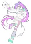  1girl :d bandaid bandaid_on_leg belt_pouch cropped_jacket demon_tail double-parted_bangs ear_piercing earclip fang full_body gloves goggles goggles_on_head green_eyes grey_leg_warmers highres hip_tattoo holding holding_megaphone hololive jacket knee_pads leg_warmers long_eyelashes long_hair looking_at_viewer megaphone minkof_nn multicolored_hair navel navel_piercing piercing ponytail pouch roller_skates short_shorts shorts skates skin_fang smile solo streaked_hair tail tokoyami_towa tokoyami_towa_(cyberpunk) two-tone_gloves v-shaped_eyebrows white_jacket white_shorts 