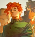  3boys black_hair black_hat coat earrings flattop gakuran green_coat green_eyes grey_hair hat heart heart_earrings high_collar highres jean_pierre_polnareff jewelry jojo_no_kimyou_na_bouken kakyoin_noriaki kujo_jotaro long_bangs male_focus multiple_boys peaked_cap red_hair school_uniform short_hair stardust_crusaders uu0000322 