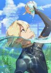  1boy 6tepe_v_v black_wetsuit blonde_hair blue_eyes blue_sky bubble cityscape closed_mouth cloud day diving freminet_(genshin_impact) from_side genshin_impact highres looking_up male_focus outdoors partially_underwater_shot short_hair sky solo swimming upper_body water 