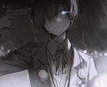  1boy blue_eyes commentary_request emblem evoker expressionless gekkoukan_high_school_uniform glowing glowing_eyes greyscale gun gun_to_head hair_over_one_eye headphones jacket kenko_(hjlahh) male_focus monochrome neck_ribbon partially_colored persona persona_3 rain ribbon school_uniform shirt solo weapon wet yuuki_makoto_(persona_3) 