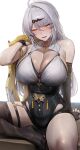  1girl absurdres asymmetrical_gloves bare_shoulders black_gloves black_shorts black_thighhighs blush breasts cleavage collar duplicate elbow_gloves gloves grey_hair high-waist_shorts highres holding holding_jacket holding_unworn_clothes huge_breasts jacket looking_at_viewer mole mole_on_breast monegi no_shoes one_eye_closed pixel-perfect_duplicate shirt shorts simple_background single_elbow_glove single_hair_intake single_thighhigh solo sweat thighhighs thighs uneven_gloves unworn_jacket white_background white_collar white_shirt yellow_eyes yellow_jacket yixuan_(zenless_zone_zero) zenless_zone_zero 