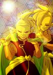  2boys blanket blurry bokeh covering depth_of_field dragon_ball dragon_ball_super earrings gowasu half-closed_eyes height_difference highres indoors jewelry light_smile long_sleeves male_focus mohawk multiple_boys pointy_ears potara_earrings shaded_face short_hair smile stained_glass standing sun sunlight tetsuyo upper_body zamasu 