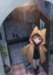  1girl :o animal_ear_hood black_boots black_shirt black_slippers blue_umbrella blush boots brown_eyes brown_hair commentary_request door full_body highres holding holding_umbrella hood hood_up long_hair long_sleeves looking_at_viewer open_mouth original outdoors rain raincoat shirt shorts slippers solo standing tokuno_yuika umbrella unworn_slippers white_shorts yellow_raincoat 