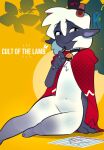 2_horns ambiguous_anthro ambiguous_gender anthro bell bell_collar bottomless bovid caprine clothed clothing collar cult_of_the_lamb english_text featureless_crotch fur hi_res holding_object holding_pen horn kittem4 lamb_(cult_of_the_lamb) looking_at_viewer mammal massive_monster_(studio) navel pen sheep simple_background sitting smile solo text white_body white_fur white_wool wool_(fur) yellow_background