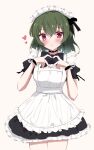  1girl alternate_costume apron black_bow black_bowtie black_choker black_dress blush bow bowtie callretortyagiza choker commentary_request cross cross_earrings dress earrings enmaided four-finger_heart_hands frilled_apron frills green_hair heart heart_choker heart_hands highres idolmaster idolmaster_million_live! jewelry looking_at_viewer maid maid_apron maid_headdress nagayoshi_subaru petticoat puffy_short_sleeves puffy_sleeves red_eyes short_sleeves simple_background solo white_apron 