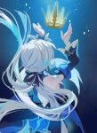  1girl blue_dress blue_eyes blue_hair breasts cerydra_(honkai:_star_rail) commentary crown detached_sleeves dress english_commentary from_behind highres honkai:_star_rail honkai_(series) long_hair medium_breasts sideboob solo underwater xnoahru 