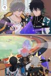  4boys ? aqua_eyes arm_tattoo armlet bathhouse black_gloves black_hair black_hoodie black_shirt blonde_hair blush caelus_(honkai:_star_rail) chinese_commentary coat commentary_request dan_heng_(honkai:_star_rail) dan_heng_(hunt)_(honkai:_star_rail) elims eyeliner fingerless_gloves fragments_of_recollection_(honkai:_star_rail) gloves grey_hair highres honkai:_star_rail honkai_(series) hood hood_down hoodie implied_sex jewelry makeup male_focus multiple_boys mydei_(honkai:_star_rail) open_clothes open_hoodie phainon_(honkai:_star_rail) pointing red_eyeliner red_tattoo sexually_suggestive shirt single_glove spoken_question_mark steam tattoo trailblazer_(honkai:_star_rail) turtleneck white_coat white_shirt yaoi yellow_eyes 