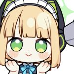  1girl 1other :&gt; animal_ear_headphones animal_ears animated animated_gif apron aqua_bow aqua_bowtie black_dress blonde_hair blue_archive blunt_bangs blunt_ends blush_stickers bow bowtie cat_detector_(meme) cat_ear_headphones cat_ears chibi chunye_haruya closed_mouth collared_dress commission contrast_collar dot_nose dress english_text fake_animal_ears green_eyes green_halo halo hands_on_own_cheeks hands_on_own_face headphones holding holding_thermometer infrared_thermometer looking_at_viewer lowres maid maid_apron maid_headdress meme midori_(blue_archive) midori_(maid)_(blue_archive) missing_commentary official_alternate_costume official_alternate_hairstyle ponytail second-party_source short_hair sidelocks simple_background smile solo_focus thermometer transparent_background upper_body white_apron white_headdress 