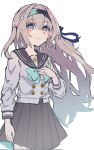  1girl black_hairband blue_ribbon buttons collared_shirt double-breasted firefly_(honkai:_star_rail) firefly_(spring_missive)_(honkai:_star_rail) gradient_hair green_pupils grey_hair grey_sailor_collar grey_skirt hair_between_eyes hair_intakes hair_ribbon hairband hand_on_own_chest highres honkai:_star_rail honkai_(series) long_hair long_sleeves multicolored_eyes multicolored_hair pleated_skirt ribbon sailor_collar shirt simple_background skirt smile solo two-tone_eyes tygn5q white_background white_shirt white_sleeves 