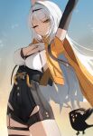  1girl absurdres arms_up bird black_bird black_shorts breasts cleavage closed_mouth collar commentary_request cowboy_shot gradient_background hair_ornament hairclip high-waist_shorts highres jacket large_breasts long_hair looking_at_viewer one_eye_closed orange_eyes shirt shorts solo stretching thighs thomas_8000 very_long_hair white_collar white_hair white_shirt yellow_jacket yixuan_(zenless_zone_zero) zenless_zone_zero 