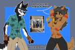 aloha_shirt anthro black_hair canid canine canis clothed clothing domestic_dog duo female gloves hair handwear hi_res husky male male/female mammal meme nipple_tassels nordic_sled_dog pattern_clothing pattern_shirt pattern_topwear shirt spitz tagme topless topwear vicvance wolf