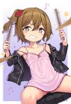  1girl black_jacket brown_eyes brown_hair commentary dress drumsticks flat_chest grin highres isinose_(ilxodidli) jacket k-on! leather leather_jacket musical_note open_clothes open_jacket pink_dress smile solo tainaka_ritsu 