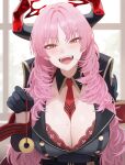 1girl absurdres black_dress blue_archive blush bra breasts cleavage commentary dress fangs halo highres holding holding_pendulum horns huge_breasts junmin long_hair looking_at_viewer mole mole_on_breast motion_blur necktie open_mouth orange_eyes pendulum pink_hair red_bra red_halo red_horns red_necktie red_wrist_cuffs satsuki_(blue_archive) smile solo teeth underwear wrist_cuffs 