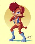 2025 5_fingers absurd_res anthro black_nose boots breasts brown_body brown_fur brown_hair chipmunk clothing female fingers footwear fur ground_squirrel hair hi_res humanoid_hands mammal navel rodent sally_acorn sciurid sega shoes signature smile solo sonic_the_hedgehog_(series) sum5hadow teeth topwear vest