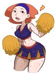  1girl cheerleader crop_top highres kim_possible_(series) liz_(kim_possible) middleton_high_school_cheerleader_uniform miniskirt navel orange_hair pom_pom_(cheerleading) purple_skirt skirt solo sweat tobatoinu white_background 