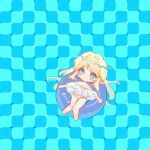  1girl alternate_costume bare_legs bare_shoulders bikini blonde_hair blue_eyes cartethyia_(wuthering_waves) commentary_request crown_of_thorns frilled_bikini frills from_above highres long_hair looking_up obyake optical_illusion parted_bangs pointy_ears primrose_field_illusion sidelocks solo swim_ring swimsuit tacet_mark_(wuthering_waves) tagme white_bikini wuthering_waves 