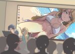  1boy 2girls agnes_claudel bikini blonde_hair blush breasts cleavage computer eiyuu_densetsu elaine_auclair english_commentary facepalm green_eyes hair_between_eyes hair_bun high_heels highres holding holding_shoes holding_unworn_clothes indoors kuro_no_kiseki_(series) laptop large_breasts long_hair multiple_girls naisu_(nai_su01) parted_bangs shoes single_side_bun sweatdrop swimsuit unworn_shoes van_arkride white_bikini 